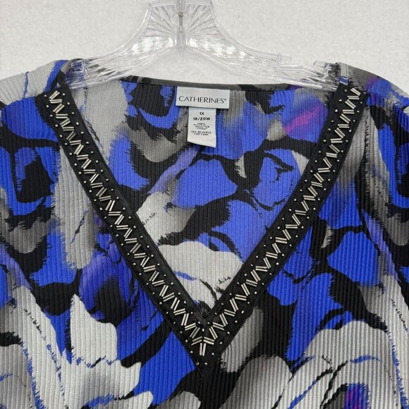 Catherines Flutter Sleeve Tunic Top Bold Floral Beaded Neck Flowy Size 1X 18-20W - Picture 3 of 10